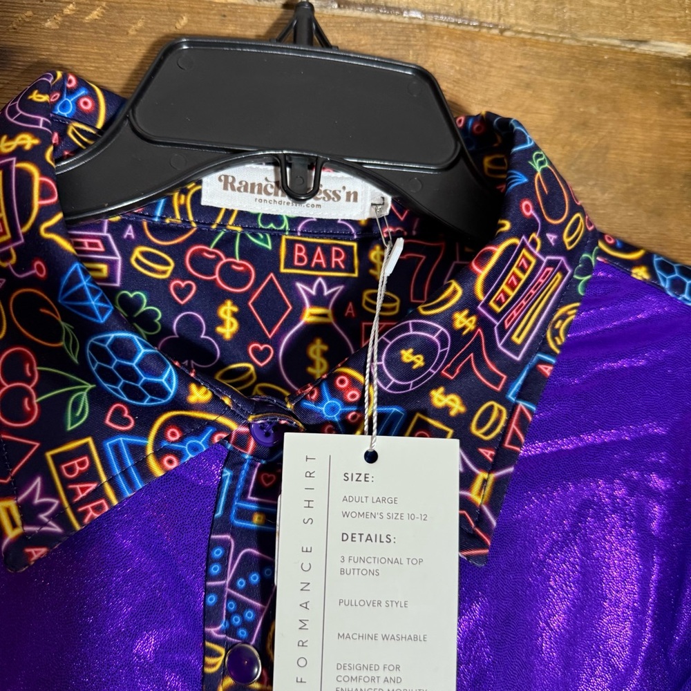 RANCH DRESSN BY FALLON TAYLOR NEON LIGHTS & PURPLE‎ SPARKLE PERFORMANCE SHIRT L - Picture 3 of 3